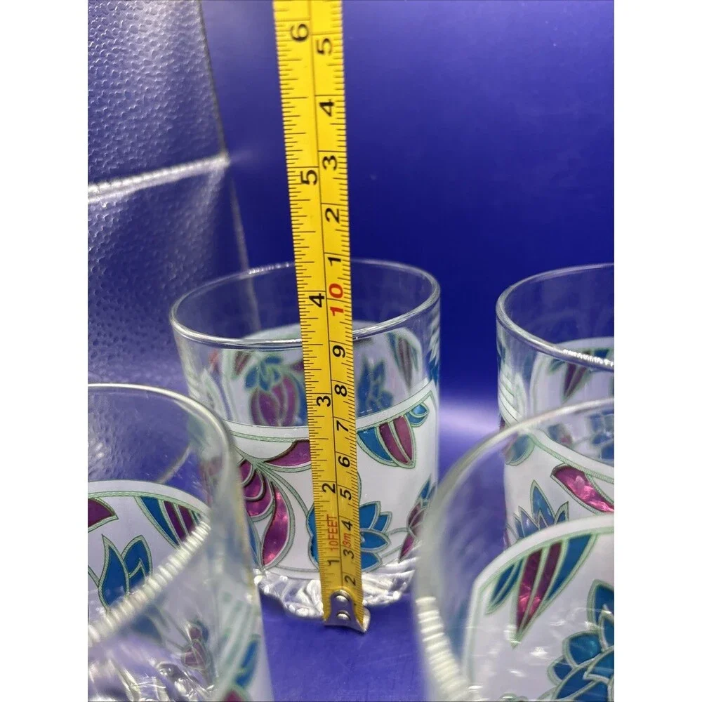 Vintage Italian Rock Glasses Set Of 4 Magenta Blue Floral Art Nouveau